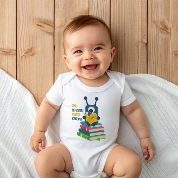 Tiny monster, mighty stories baby bodysuit mockup